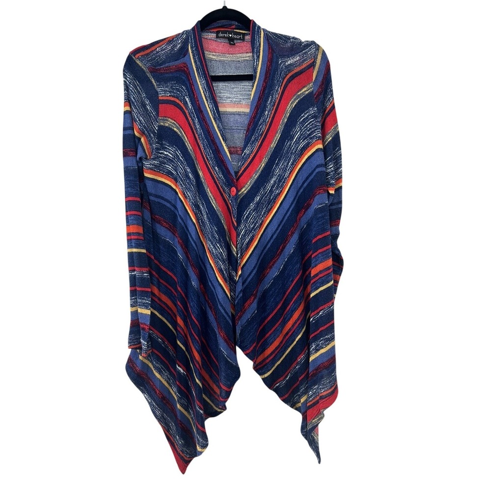 Derek‎ Heart Womens Blue Red Striped Single Button Sharkbite Cardigan Sweater M